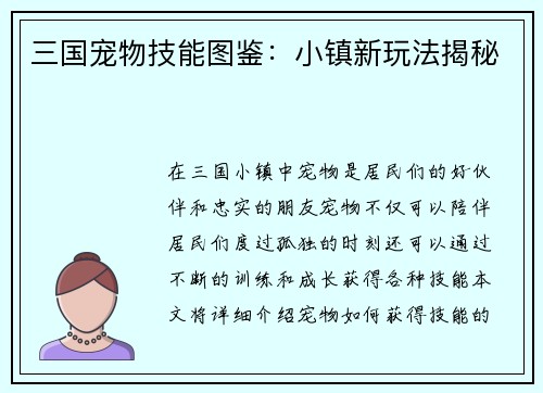 三国宠物技能图鉴：小镇新玩法揭秘